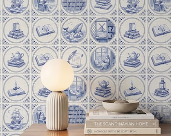 Blue Delft Tile Azulejo Wallpaper Book Lover Library Wall Art Mural Decor, Dark Academia Reading Nook Peel Stick Removable Renter Friendly