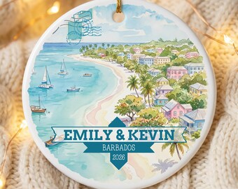 Barbados Personalized Ornament, Custom Travel Gift, Couples Keepsake, Caribbean Christmas Decor, Christmas Tree Hanging Ornaments