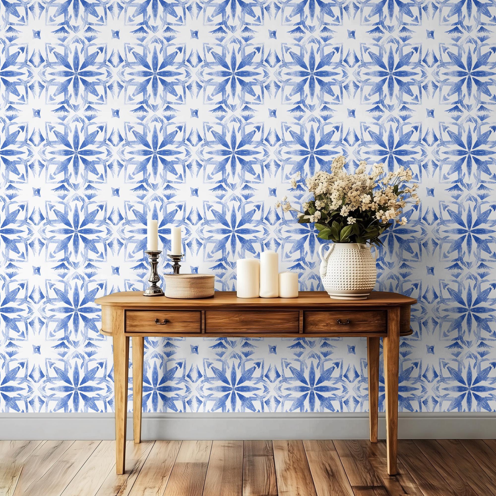Moroccan Blue Tile Wallpaper, Floral Mediterranean Neutral Peel