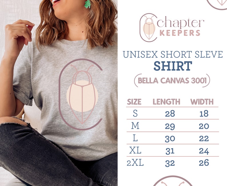 May include: Gray unisex short sleeve t-shirt with a graphic of a stylized beetle in a circle. The shirt is made by Bella Canvas and is available in sizes S-2XL. The size chart shows the length and width of the shirt in inches.