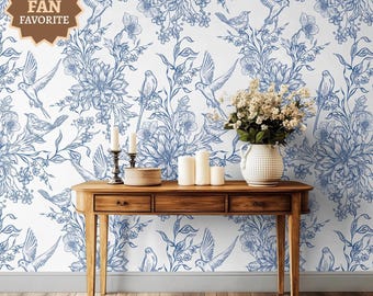 Blue White Toile French Wallpaper, premium removable peel stick, vintage cottage decor, floral chinoiserie tile, romantic wall pattern art