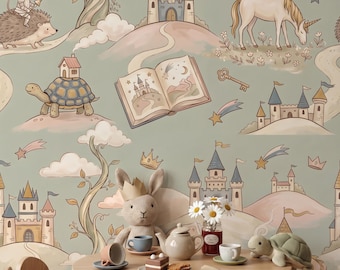 Fairytale Nursery Wallpaper, Castle Unicorn Dragon Kids Room Decor, Girls Princess Storybook Mural, Peel Stick Removable Renter Friendly