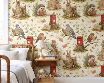 Woodland Nursery Wallpaper, Whimsical Animals Post Office Reading Books, Cottagecore Peel and Stick, Removable Renter Friendly Kids Decor