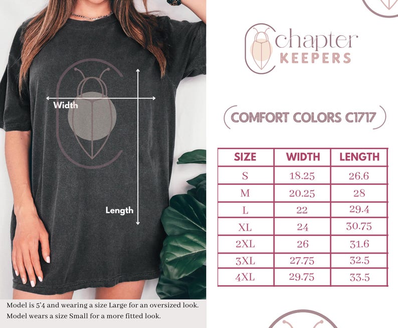 May include: Dark gray t-shirt with a graphic design and the text "chapter KEEPERS". The image includes a size chart with measurements in inches for width and length, ranging from size S to 4XL.