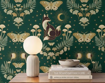 Art Deco Wallpaper, Emerald Green Fox and Moth Enchanted Forest, Whimsigoth Peel and Stick, Removable Dark Green Renter Friendly Wall Decor