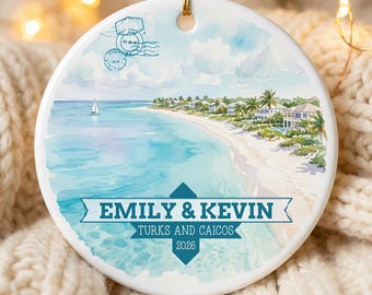 Turks and Caicos Personalized Ornament, Custom Travel Gift, Couples Keepsake, Beach Christmas Decor, Christmas Tree Hanging Ornaments