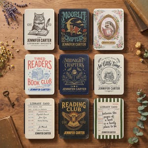 May include: Nine rectangular book-themed items featuring various illustrations and text including The Jennifer Carter Literary Society, Moonlit Chapters, Tired Readers Book Club, Midnight Chapters, So Little Time, and Library Card designs.