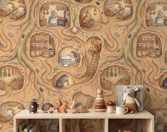 Woodland Nursery Wallpaper, Whimsical Storybook Animal Playroom Decor, Cottagecore Kids Room Mural, Peel Stick Removable Renter Friendly