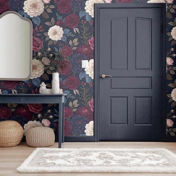 Dark Navy Blue Floral Wallpaper, Moody Whimsical Botanical Wall