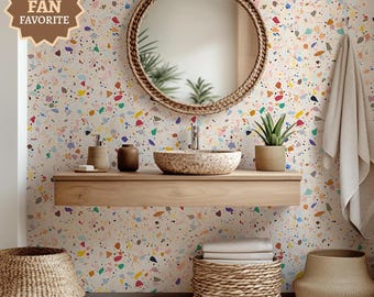 Rainbow Terrazzo Wallpaper, Boho concrete rock tile, multicolor modern Peel Stick, removable mural minimalist wall decor pattern art cozy