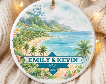 Maui Personalized Ornament, Custom Travel Gift, Couples Keepsake, Hawaii Christmas Decor, Christmas Tree Hanging Ornaments