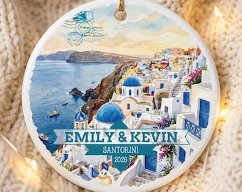 Santorini Personalized Ornament, Custom Travel Gift, Couples Keepsake, Greece Christmas Decor, Christmas Tree Hanging Ornaments