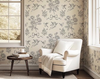 Black White Toile French Wallpaper, premium removable peel stick, vintage cottage decor, floral chinoiserie tile, romantic wall pattern art