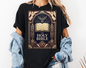 Comfort Colors Holy Bible Art Deco shirt, Christian faith tee, scripture book cover gift, religious bookish vintage art church literature