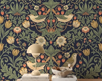 William Morris Wallpaper, Dark Navy Floral Bird Decor, Vintage Victorian Arts Crafts Mural, Peel Stick Removable Renter Friendly Bedroom