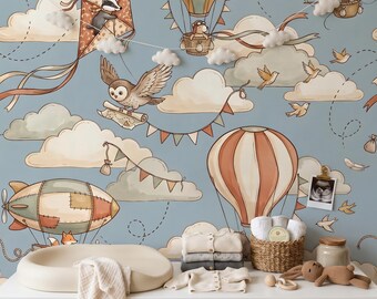 Hot Air Balloon Nursery Wallpaper, Whimsical Cloud Sky Adventure Decor, Baby Boy Kids Room Mural, Peel Stick Removable Renter Friendly