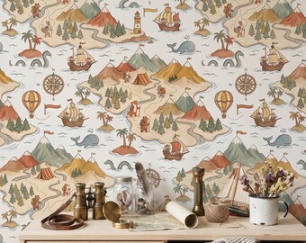 Boy Room Wallpaper, Adventure Nursery Mountain Camping Decor, Whimsical World Map Kids Playroom Mural, Peel Stick Removable Renter Friendly
