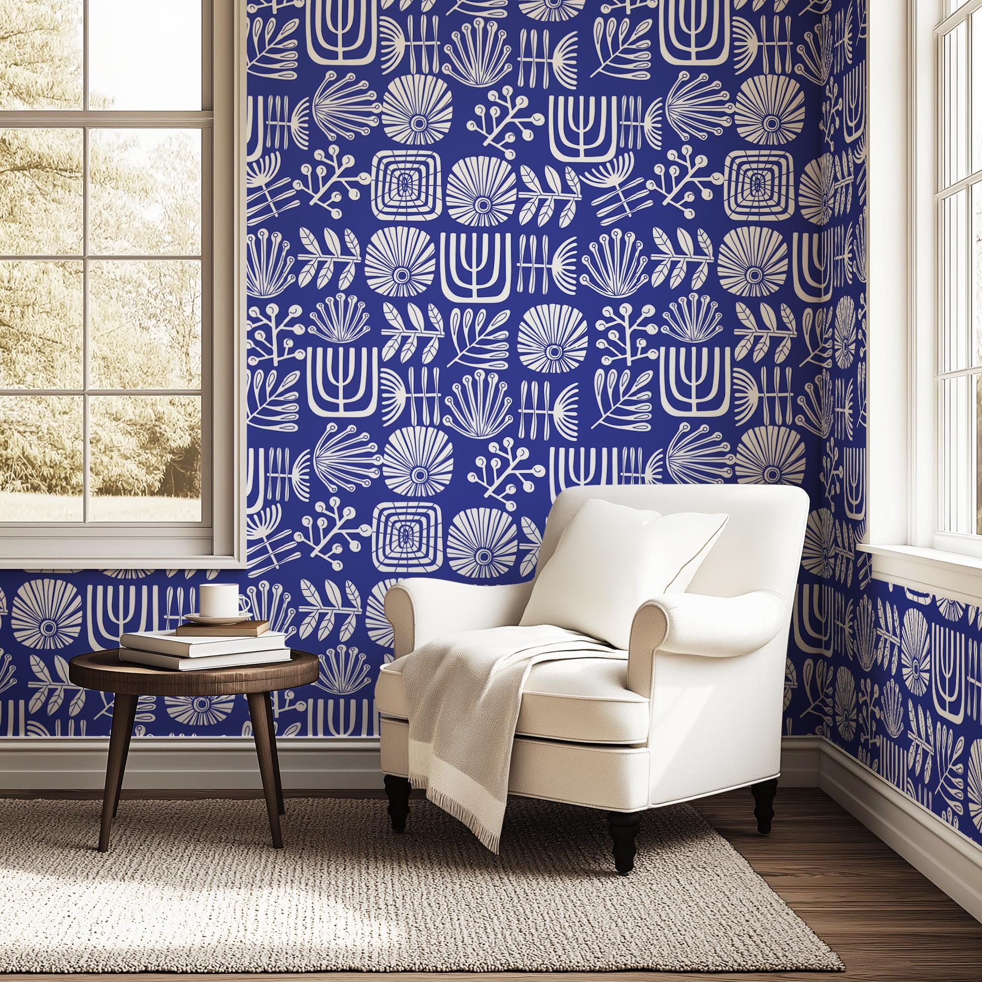 Blue Linocut Botanical Wallpaper, Scandi Folk Art Mural, Mid Century…
