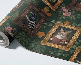 Animals reading Wallpaper, Whimsical library gallery Peel and Stick, removable renter friendly Bookish Nursery Wall Decor dark academia
