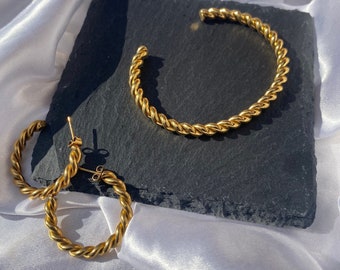 Gold Rope Cuff Bracelet, Stainless Steel Twist Bangle