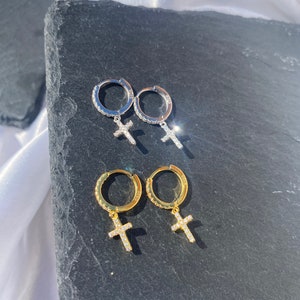 Sterling Silver CZ Cross Huggie Earrings, Dainty Hoops