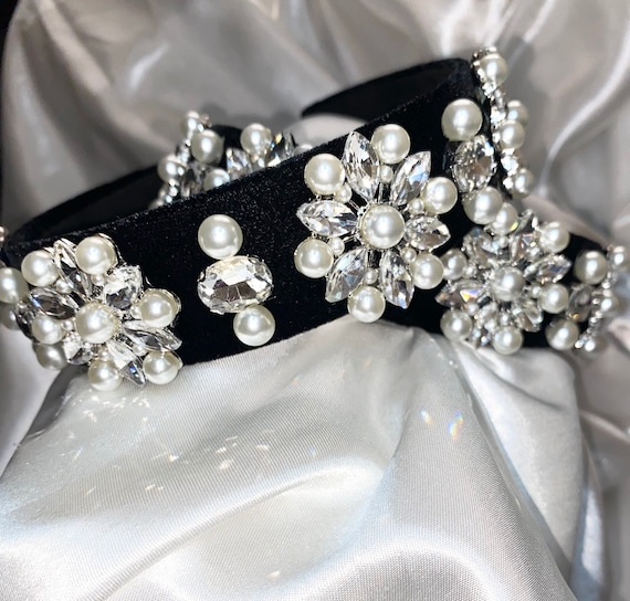 Pearl Velvet Headband, Jeweled Baroque Hair Accessory - Etsy display picture 1