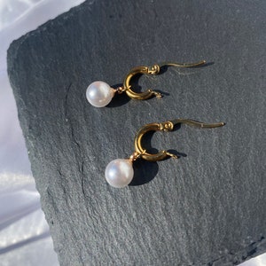 Pearl Huggie Hoop Earrings Pearl Huggie Earrings Pearl Earrings Gold Hoops Pearl Hoop Earrings Small Hoop Earrings Pearl Christmas earrings image 2