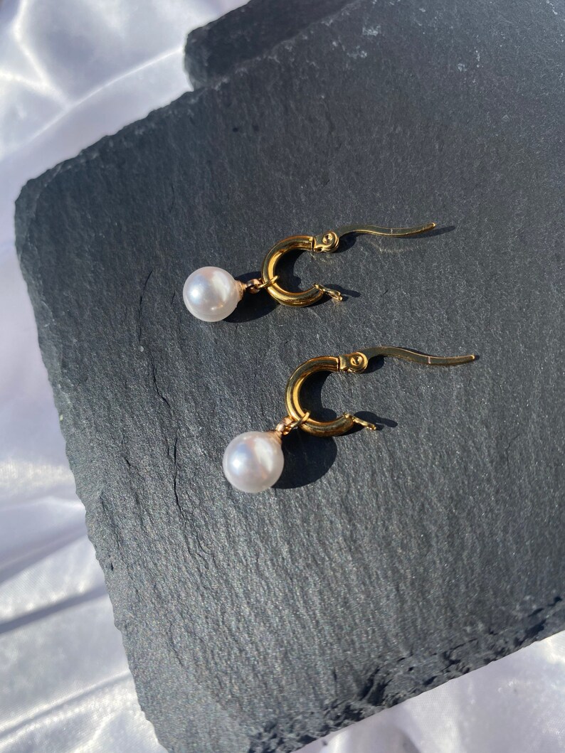 Pearl Huggie Hoop Earrings Pearl Huggie Earrings Pearl Earrings Gold Hoops Pearl Hoop Earrings Small Hoop Earrings Pearl Christmas earrings image 2