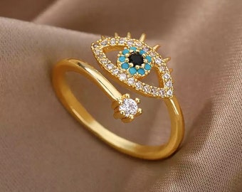 Evil Eye Ring Lucky Turkish Adjustable 925 silver Ring with Crystal Rhinestones in Silver Gold Evil Eye Nazar Ring Zircon Gem Birthday Gift