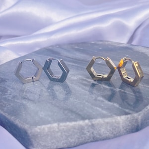 Hexagon Earrings - Hexagon Huggie Hoop Earrings - Stainless Steel Huggie Earrings - Geometric Earrings- Gift for Him Father’s Day Gift