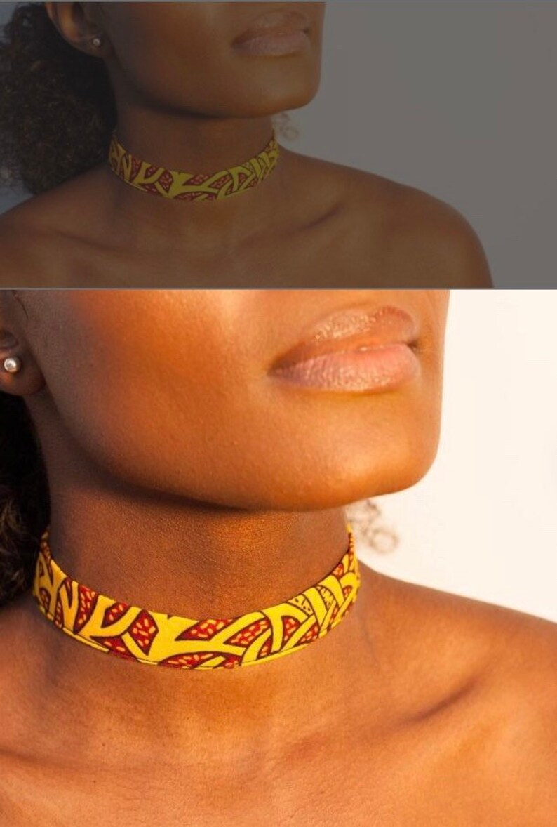 Puede incluir: Un collar gargantilla de tela con estampado amarillo y rojo. La gargantilla est&aacute; hecha de un material suave y flexible y tiene un dise&ntilde;o simple y elegante.