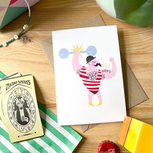 Pops Vatertagskarte | Starker Mann Zirkus Karte | Vintage Kirmes-Stil Karte | Niedliche Faschingskarte für Papa
