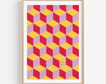 Impressão de arte em cubo | Impressão de arte em vermelho, amarelo e roxo | Design retrô aconchegante | Arte geométrica | Design de rosto sorridente
