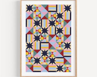 Impression d'art étoile sauvage | Oeuvre d'art à motif rétro | Motif patchwork | Imprimé Hygge douillet