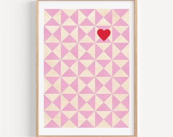 Impressão de arte de patchwork rosa | Impressão de casamento | Aniversário | Arte rosa e vermelha