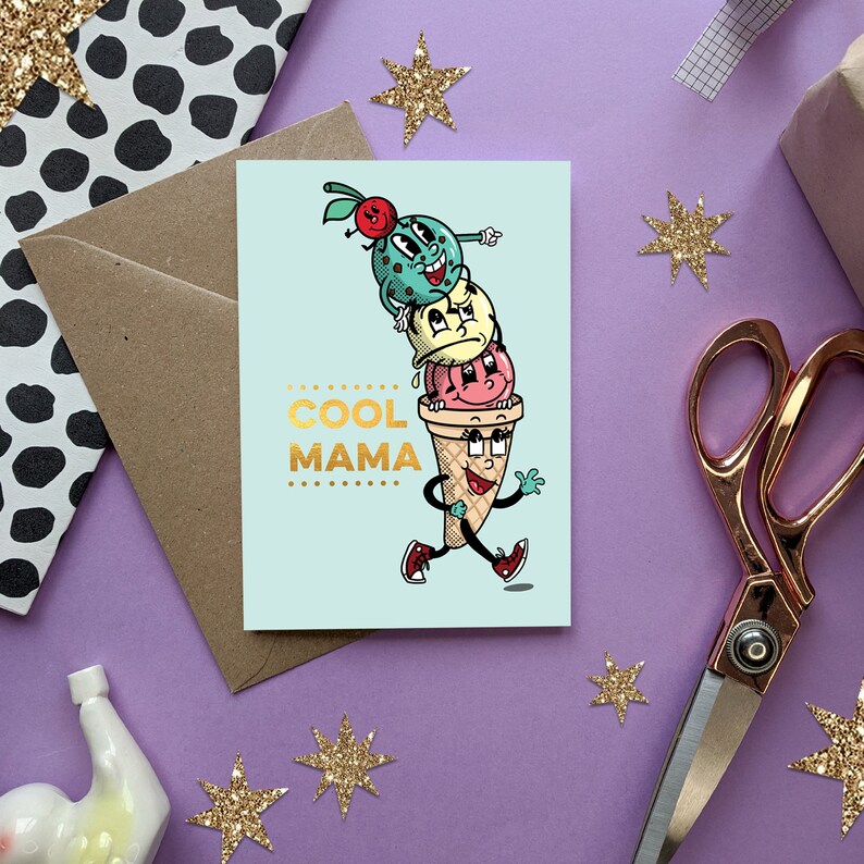 Cartão de Dia das Mães - Cool Mama | Cartão de Dia das Mães com Folha de Ouro | Cartão Engraçado e Fofo para a Mãe imagem 1