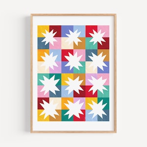 May include: A colourful abstract print with a repeating pattern of white stars on a background of red, yellow, green, blue, and pink squares.