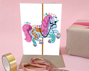 Cartão de Mãe Linda | Cartão de Dia das Mães | Tema Parque de Diversões | Cavalo de Carnaval | Cartão de Mãe Carrossel de Cavalos