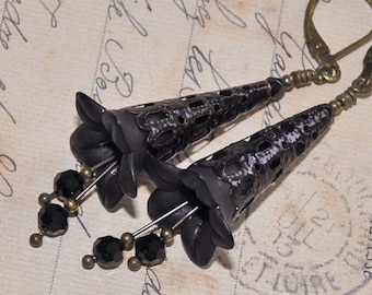 Gothic Fairy Earrings • Black Lucite Flowers • Copper Filigree Cones • Dark Romantic Jewelry • Vintage Whimsical Style