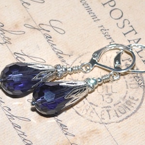 Victorian Earrings Teardrop Cardinal Purple Crystal Flower Bohemian Whimsical