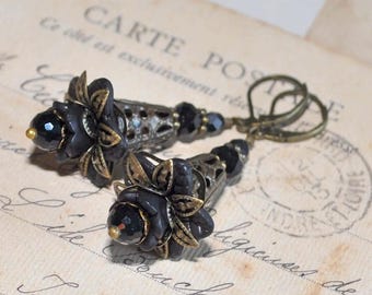 Dark Bloom Elegance Earrings • Black Lucite Flowers, Sparkling Black Crystals & Antique Bronze Lever Back Hooks • Romantic Vintage Style