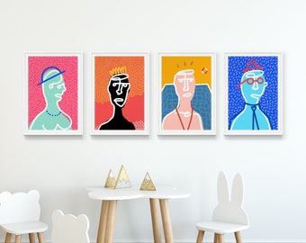 4 Piece Wall Art, Gallery Wall Prints, Set Of 4 Wall Art, Set Of 4 Prints, Downloadable Prints, Colorful Eclectic One Line Drawing,