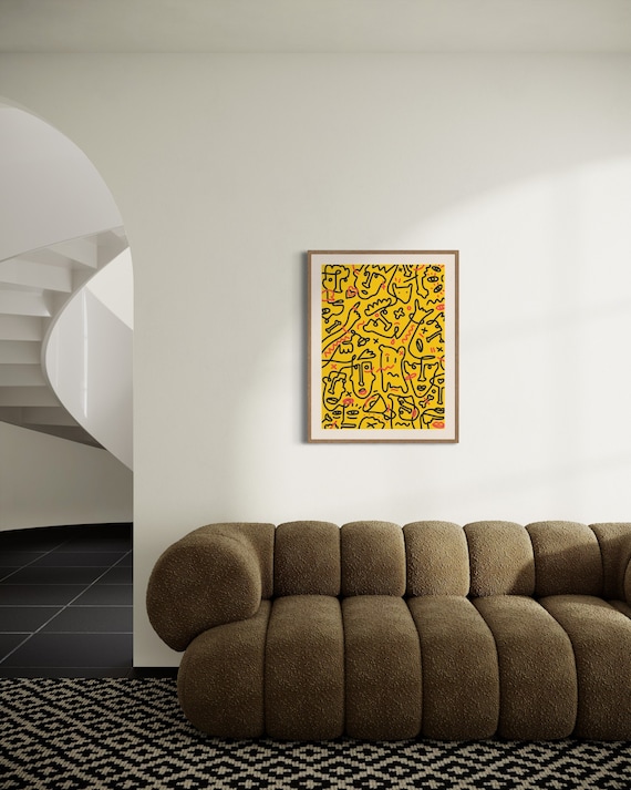 Yellow One Line Drawing Downloadable Print, Funky Bauhaus Wall Art, Teen Room Decor, Folk Art Prints, Indie Room Decor, Line Art Poster