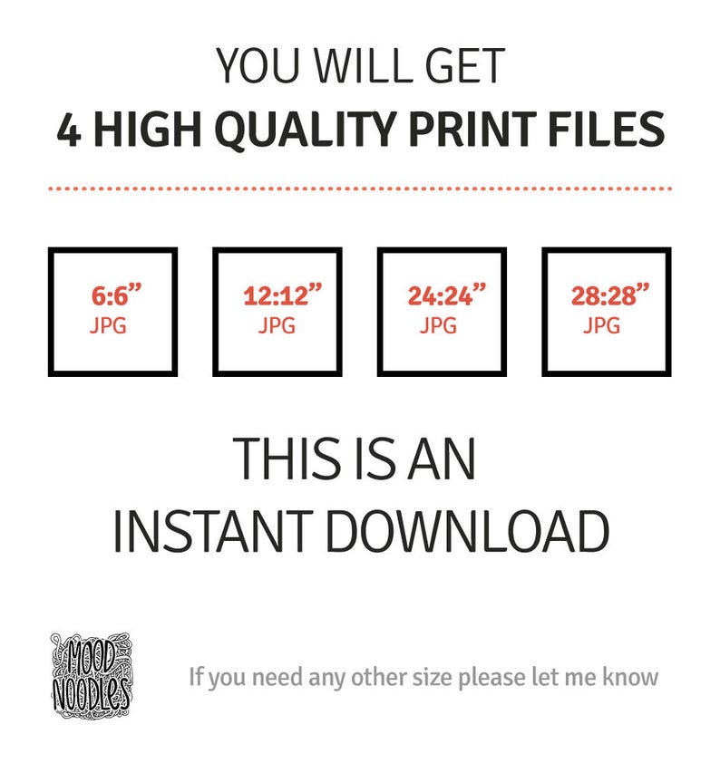 Może przedstawiać: Cztery cyfrowe pliki do druku w formacie JPG, pokazujące r&oacute;żne rozmiary: 15,2&nbsp;&times;&nbsp;15,2&nbsp;cm, 30,5&nbsp;&times;&nbsp;30,5&nbsp;cm, 61&nbsp;&times;&nbsp;61&nbsp;cm i 71,1&nbsp;&times;&nbsp;71,1&nbsp;cm. Tekst "YOU WILL GET 4 HIGH QUALITY PRINT FILES" i "THIS IS AN INSTANT DOWNLOAD" jest wyświetlany nad plikami. Tekst "If you need any other size please let me know" jest wyświetlany pod plikami.