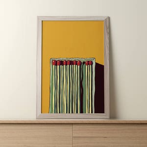 May include: A framed illustration of a box of matches with red tips on a yellow background.