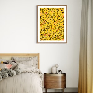 Yellow One Line Drawing Downloadable Print, Funky Bauhaus Wall Art, Teen Room Decor, Folk Art Prints, Indie Room Decor, Line Art Poster image 8