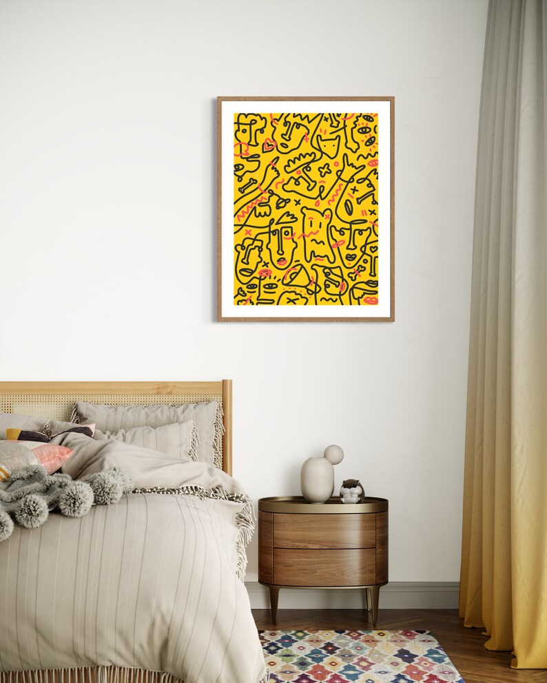 Yellow One Line Drawing Downloadable Print, Funky Bauhaus Wall Art, Teen Room Decor, Folk Art Prints, Indie Room Decor, Line Art Poster image 8