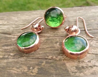 Ronde groen glas & koperen oorbellen en Ring Set * ter volgorde *