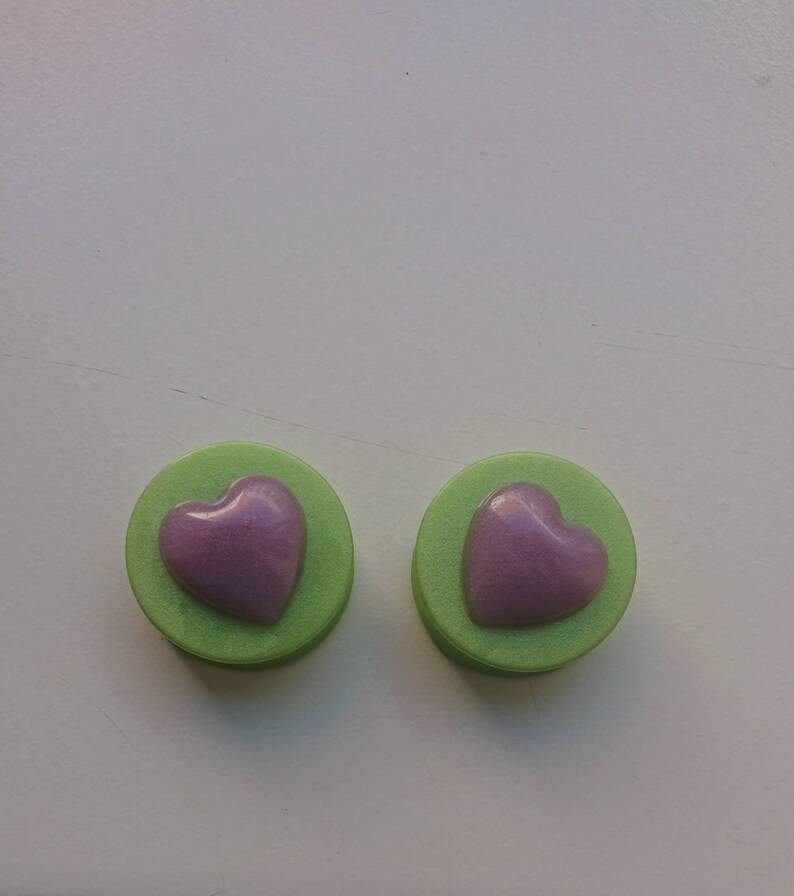 Green pearlescent with Big Heart embellishments resin plugs *PAIR*