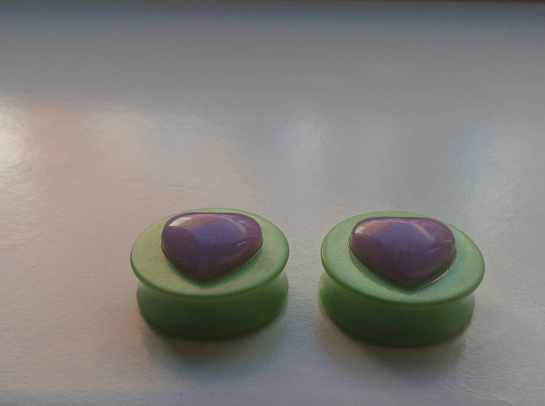 Green pearlescent with Big Heart embellishments resin plugs *PAIR*